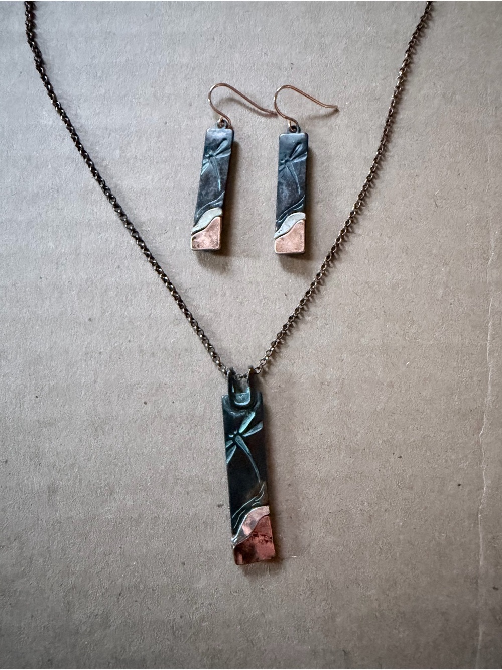 Hand Crafted Patina Copper Accent Necklace & Earrings Set Dragonfly Rectangle